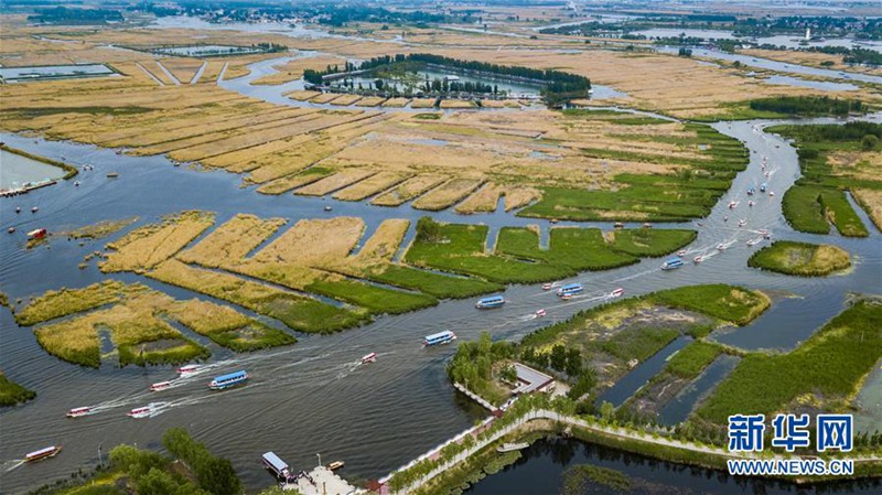Touristen besuchen den Baiyangdian-See in Xiong'an New Area