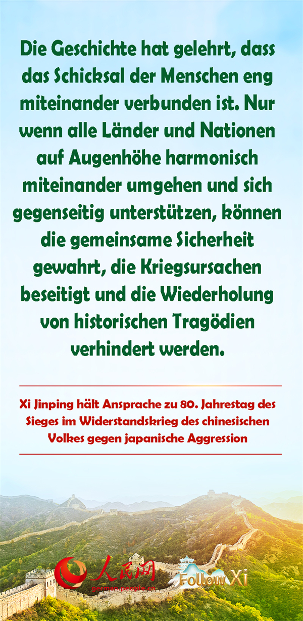 Kernaussagen von Xis Ansprache zum 80. Jahrestag des Sieges im Widerstandskrieg des chinesischen Volkes gegen die japanische Aggression
